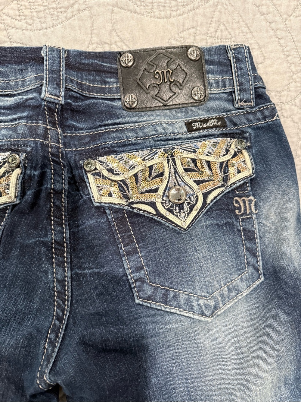 Miss Me Skinny Dark Blue Jeans with Gold & Silver Embellished Back Pockets